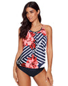 Fiery Red Floral Print Criss Cross Hollow-out Tankini Swimwear - S
