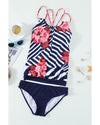 Fiery Red Floral Print Criss Cross Hollow-out Tankini Swimwear - S