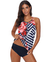 Fiery Red Floral Print Criss Cross Hollow-out Tankini Swimwear - S