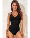Black Ribbed Dual Crisscross Straps Cut-Out Back Tankini Suit - 2XL