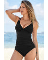 Black Ribbed Dual Crisscross Straps Cut-Out Back Tankini Suit - M