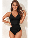 Black Ribbed Dual Crisscross Straps Cut-Out Back Tankini Suit - S