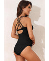 Black Ribbed Dual Crisscross Straps Cut-Out Back Tankini Suit - S