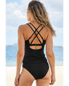 Black Ribbed Dual Crisscross Straps Cut-Out Back Tankini Suit - XL