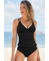 Black Ribbed Dual Crisscross Straps Cut-Out Back Tankini Suit - XL