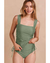 Mist Green Drawstring Ruched Wide Straps Tankini Set - 2XL