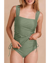 Mist Green Drawstring Ruched Wide Straps Tankini Set - L