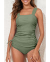 Mist Green Drawstring Ruched Wide Straps Tankini Set - L