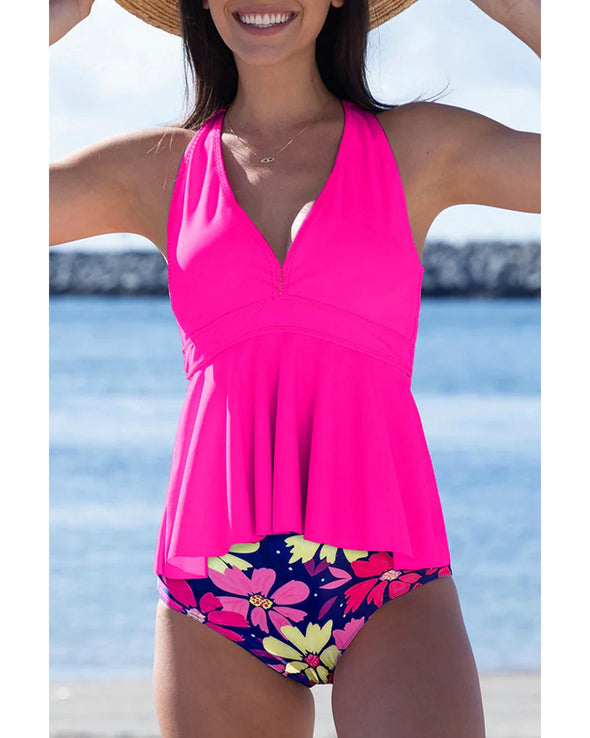 Rose V Neck Ruffled Hem Floral Bottom Tankini Set - M