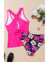 Rose V Neck Ruffled Hem Floral Bottom Tankini Set - S