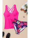 Rose V Neck Ruffled Hem Floral Bottom Tankini Set - S