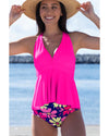 Rose V Neck Ruffled Hem Floral Bottom Tankini Set - S