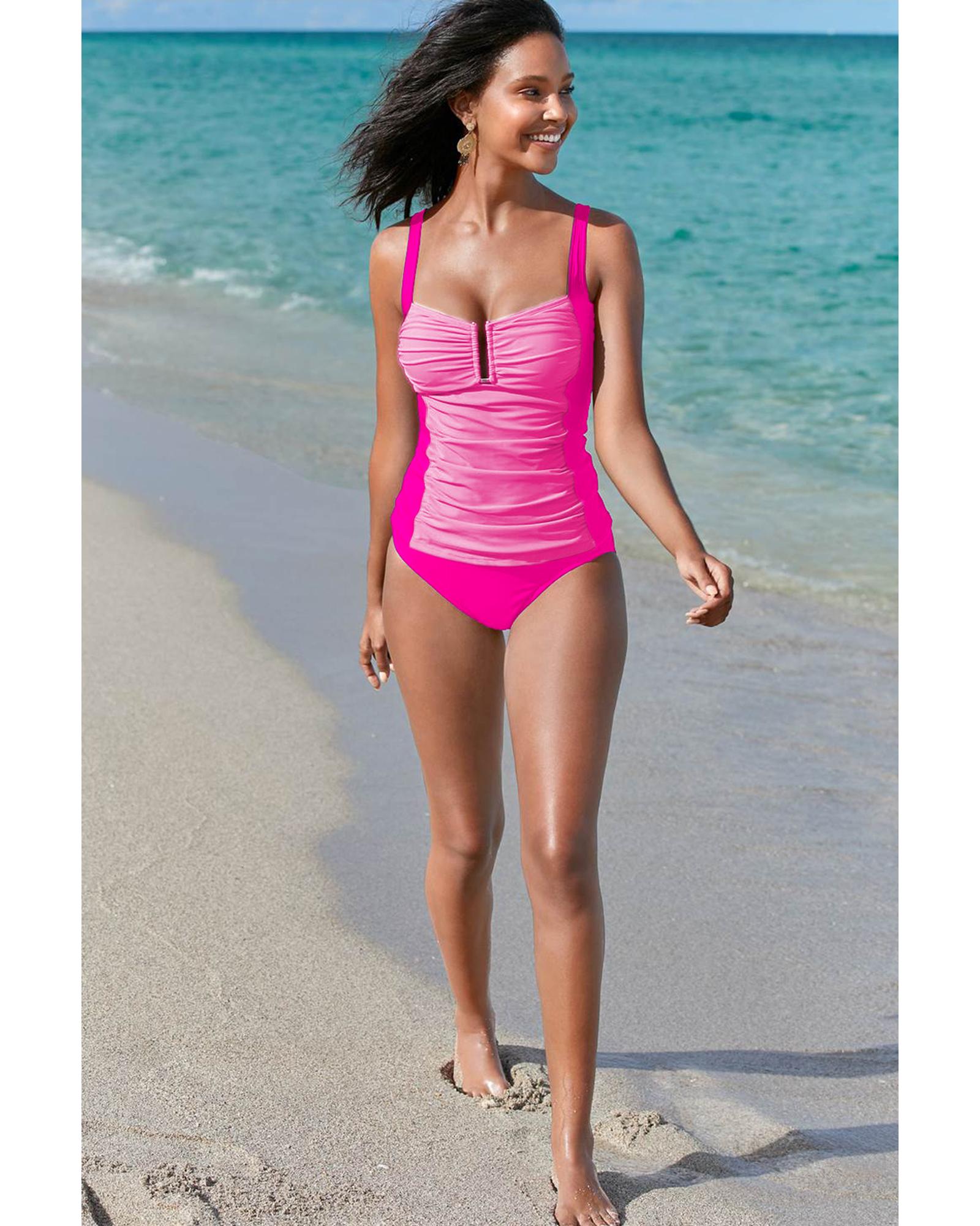 Bonbon Ruched Tummy Control Tankini 2pcs Swimsuit - L