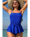 Dark Blue Bow Peplum Waist Spaghetti Straps Tankini Set - L