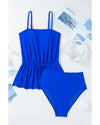 Dark Blue Bow Peplum Waist Spaghetti Straps Tankini Set - L