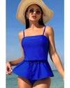 Dark Blue Bow Peplum Waist Spaghetti Straps Tankini Set - L