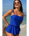 Dark Blue Bow Peplum Waist Spaghetti Straps Tankini Set - L