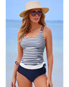 Blue Stripe Drawstring Tummy Control Mix-and-match 2pcs Tankini Swimsuit - M