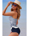 Blue Stripe Drawstring Tummy Control Mix-and-match 2pcs Tankini Swimsuit - M