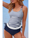 Blue Stripe Drawstring Tummy Control Mix-and-match 2pcs Tankini Swimsuit - M