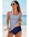 Blue Stripe Drawstring Tummy Control Mix-and-match 2pcs Tankini Swimsuit - M