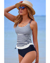 Blue Stripe Drawstring Tummy Control Mix-and-match 2pcs Tankini Swimsuit - M