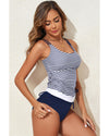Blue Stripe Drawstring Tummy Control Mix-and-match 2pcs Tankini Swimsuit - M