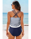 Blue Stripe Drawstring Tummy Control Mix-and-match 2pcs Tankini Swimsuit - XL