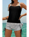 Black Striped Patchwork Side Drawstring Bottoms Tankini Set - S