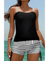 Black Striped Patchwork Side Drawstring Bottoms Tankini Set - S