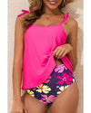 Rose Red Tie Shoulder Floral Print Cute Tankini Set - XL