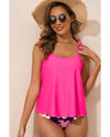 Rose Red Tie Shoulder Floral Print Cute Tankini Set - XL