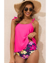 Rose Red Tie Shoulder Floral Print Cute Tankini Set - XL