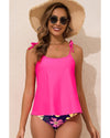 Rose Red Tie Shoulder Floral Print Cute Tankini Set - XL