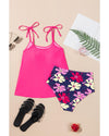 Rose Red Tie Shoulder Floral Print Cute Tankini Set - XL
