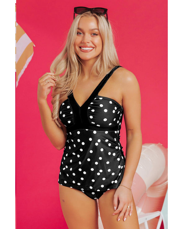 Black Polka Dot Print V Neck Tankini Set - L