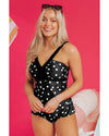 Black Polka Dot Print V Neck Tankini Set - L