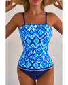 Navy Blue Abstract Print Frilled Trim Spaghetti Straps Tankini Set - 2XL