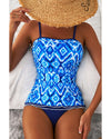 Navy Blue Abstract Print Frilled Trim Spaghetti Straps Tankini Set - L
