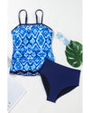 Navy Blue Abstract Print Frilled Trim Spaghetti Straps Tankini Set - L