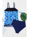 Navy Blue Abstract Print Frilled Trim Spaghetti Straps Tankini Set - L