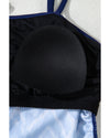Navy Blue Abstract Print Frilled Trim Spaghetti Straps Tankini Set - L