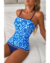 Navy Blue Abstract Print Frilled Trim Spaghetti Straps Tankini Set - M