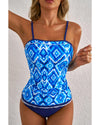 Navy Blue Abstract Print Frilled Trim Spaghetti Straps Tankini Set - M