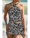 Black Abstract Printed Buckle Crossed Straps Skirted Tankini 2pcs Swimsuit - M