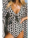 Black Stripe Print Loose Fit Open Front Beach Cover Up - M