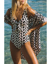 Black Stripe Print Loose Fit Open Front Beach Cover Up - XL