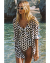 Black Stripe Print Loose Fit Open Front Beach Cover Up - XL