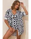 Black Stripe Print Loose Fit Open Front Beach Cover Up - XL