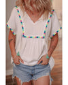 White Colorful Fringed Detail Tassel Tie Neck Short Sleeve Blouse - XL